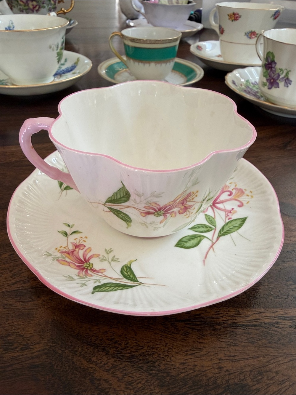 Shelley England Delicate Pink Floral Teacup and Saucer Set - Bone China